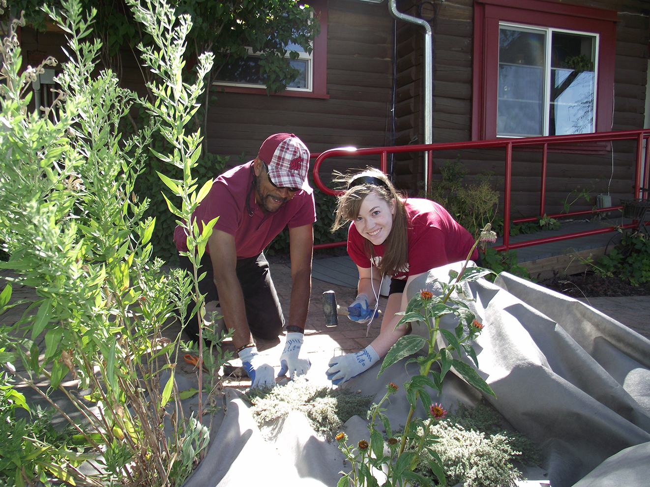 students installing gardening equipment outdoors